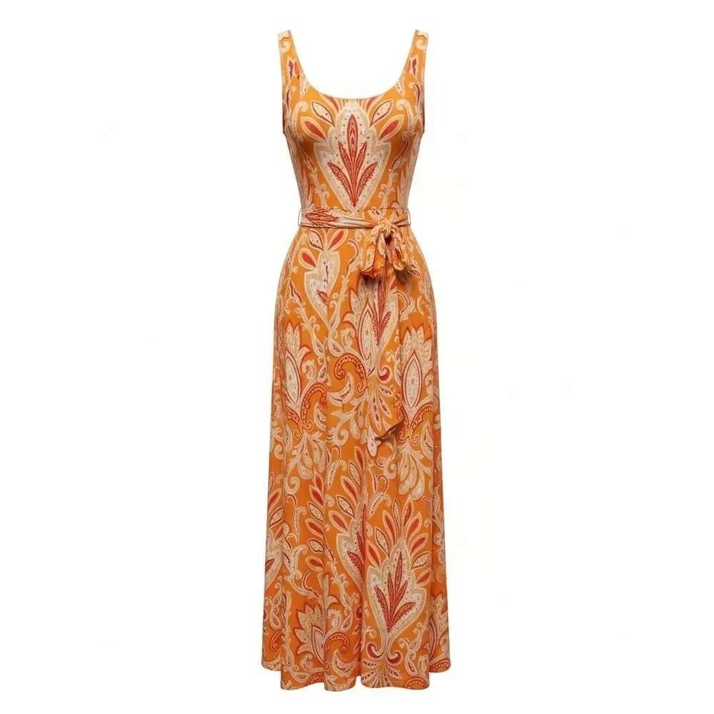 LOFT Orange Paisley Fit & Flare Maxi Dress M Stretch Jersey Sundress Vacation